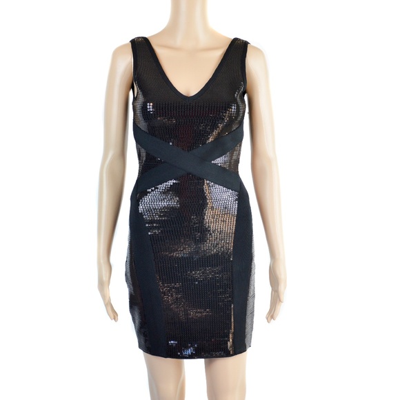 BEBE Black Sequin Bodycon Knit Bandage Bodycon Mini Party Dress Size XS - Picture 3 of 9